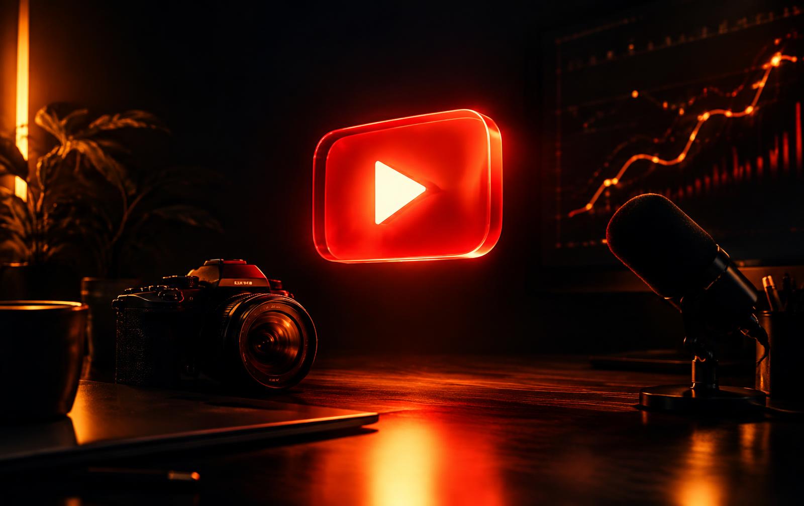 Studio desk with camera and glowing play button